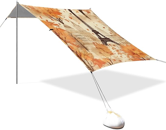ALAZA Vintage Paris Eiffel Tower Maple Leave Beach Tent Sun Shelter Portable Canopy Sunshade for Outdoor Camping Picnics Backyard Fun 10x9 ft