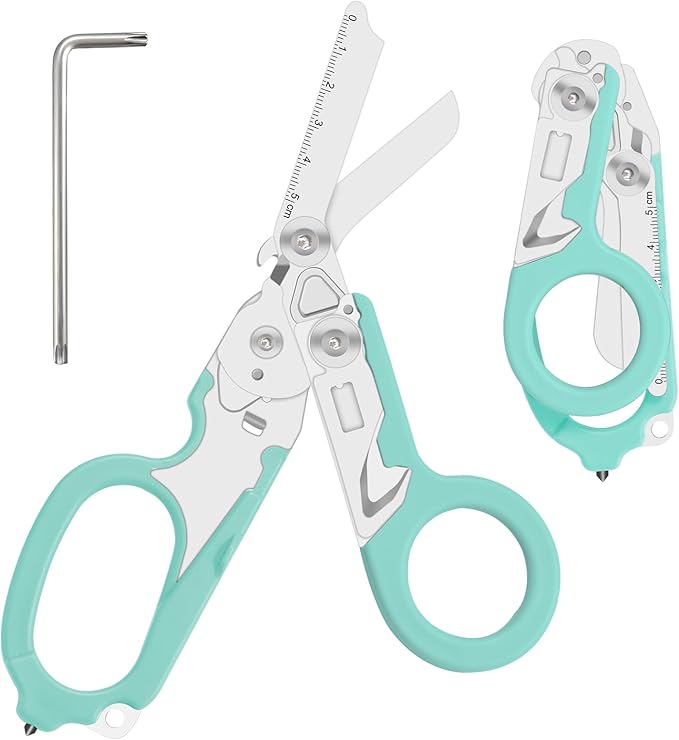 6-in-1 heavy-duty/trauma shears Folding Retractable Emergency Shears Outdoor Camping Tools Seat Belt Cutter Oxygen Cylinder Wrench Complimentary Adjustable Wrench (Aqua blue)