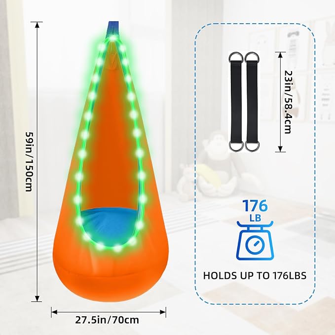 Light Up Swing Chair Hammock Chair Indoor Outdoor for Kids Pod with LED Lights Soft and Safe 176 lb. Load Capacity Easy Installation Perfect for Bedroom Garden and Playroom (Orange)
