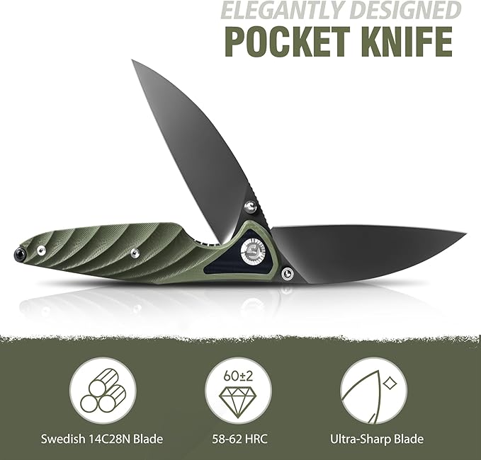 FINTISO Pocket Knife 3.15 Folding Knife Premium 14C28N Blade Bicolour Green and Black G10 Handle Design with Liner Lock Pocket Clip for Men Women Small EDC Knife for Camping Hunting Hiking Survi