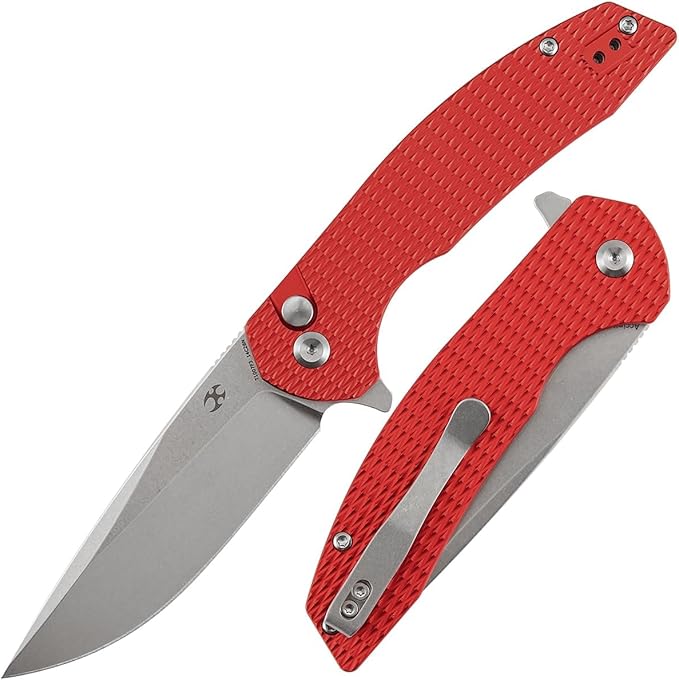KANSEPT Accipiter Pocket Knife 3.53 Stonewashed 14C28N Blade Red Anodized Aluminum Handle Flipper Open &amp Button Lock with Deep Clip EDC Folding Knives for Camping Hunting Survival T1007F3