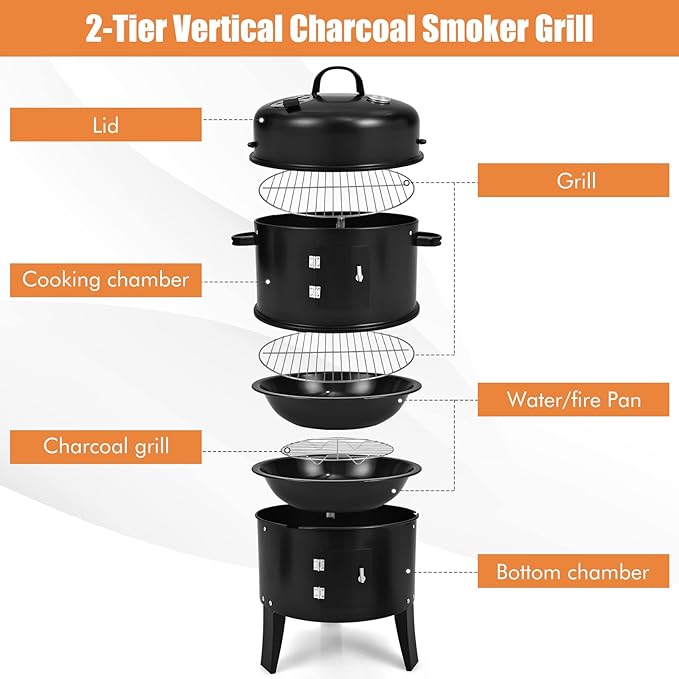 HAPPYGRILL 3-in-1 Charcoal Smoker Grill Outdoor Vertical Charcoal Smoker with Built-in Thermometer &amp Adjustable Vent System 2-Layer Separable BBQ Grills for Camping &amp Family Cooking
