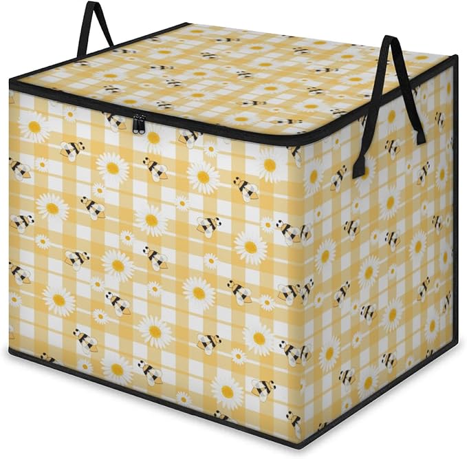 Large Daisy Storage Bags with Lid XL Blanket Clothes Storage Bins Foldable Organizers Storage Containers with Handle for Comforters Bed Sheets Pillows Flowers with Bees in Spring
