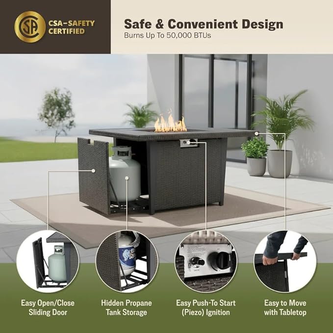 42 Inch Propane Gas Fire Pit Table 50000 BTU Square Aluminum Outdoor Fireplace with CSA Certification Lid Glass Wind Guard &amp Waterproof Cover Gray Rattan 2-in-1 Fire Table for Patio Garden
