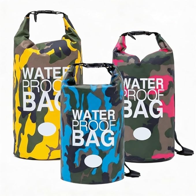 Waterproof Dry Bag Set of 3 (15L 20L 30L) - PVC Roll Top Dry Bags Waterproof - Backpack for Kayaking Camping Beach &amp Travel (Camouflage: light blue pink and yellow)