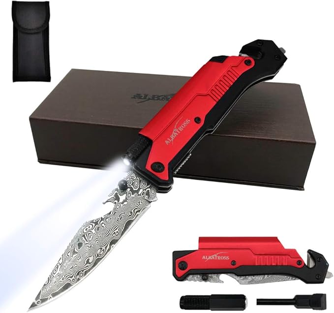 ALBATROSS 6-in-1 Modern Damascus Steel Folding Pocket Knives with LED LightSeatbelt CutterGlass BreakerMagnesium Fire StarterBottle OpenerMulti-Function Emergency Tool(Red-DA)