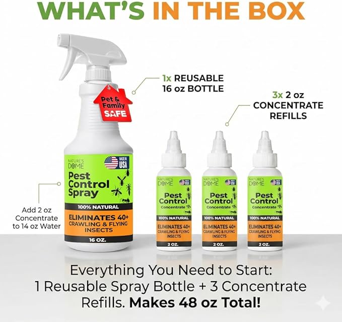 Nature's Dome Pest Killer Starter Kit Makes 48 Oz (3 Concentrate Vials + 1 Reusable Sprayer) Plant-Based Ant Roach Spider &amp Fly Killer Spray | Indoor/Outdoor Child &amp Pet Safe Essential Oil