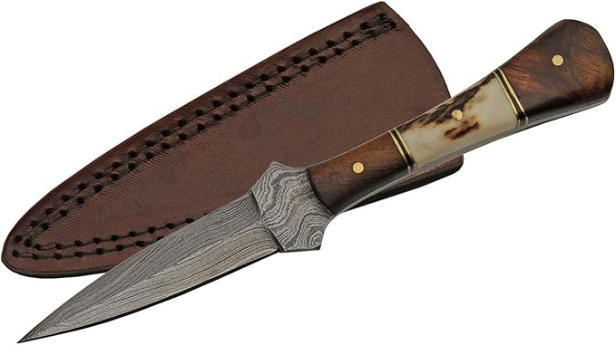 SANZ Damascus Hunting Knife 7 Inch - Baby Boot Knife with Stag/Wood Handle Full Tang Blade &amp Sheath - Outdoor Knife for Hunting Camping &amp Outdoor uses - Knives for Men