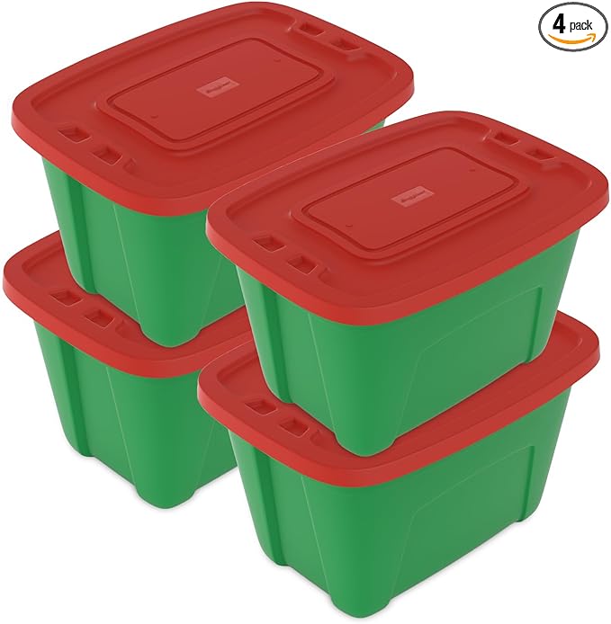 4-Pack Christmas Storage Totes with Lids - Made in USA 18-Gallon(72-Quart)Red Storage BinsHoliday OrganizerPlastic Stackable Large Storage Boxes for HomeOfficeGarageBasement Red/Green