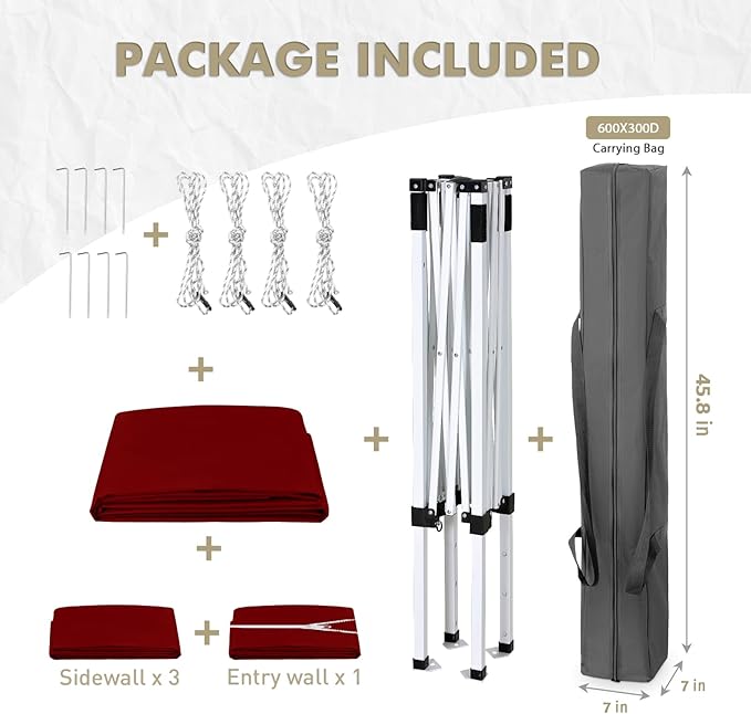 EAGLE PEAK 5x5 Instant Canopy with 4-Side Wall Panels Small Pop up Portable Canopy Tent with Carry Bag Light Weight Sun Shelter for Sports Camping and Beach Burgundy