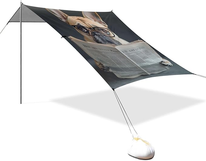 ALAZA Rimless Glasses French Bulldog Read Newspaper Beach Tent Sun Shelter Portable Canopy Sunshade for Outdoor Camping Picnics Backyard Fun 10x9 ft