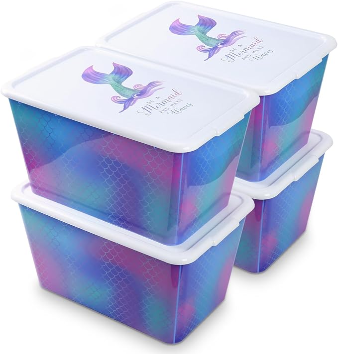 Storage Organizer Bins with Lids - 4PC 58QT Heavy-Duty Container Boxes Stackable and Nestable Storage Bins Plastic Large Storage Totes Rainbow Mermaid Bins for Home Office and Garage