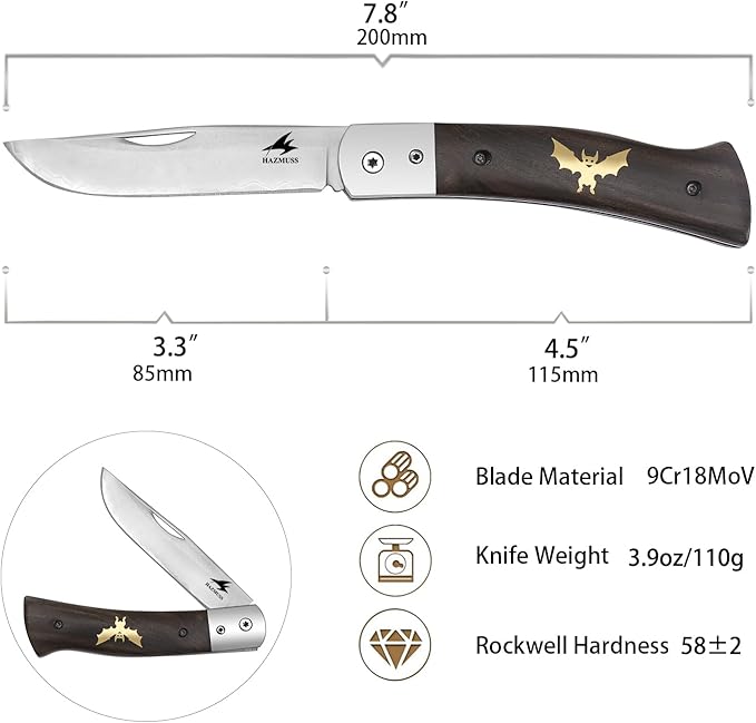 Pocket Knife Folding Knife Blade 3.3 inch 9Cr18MoV Stainless Steel Comfortable Wooden Handle Everyday Carry Knives for Camping Hiking