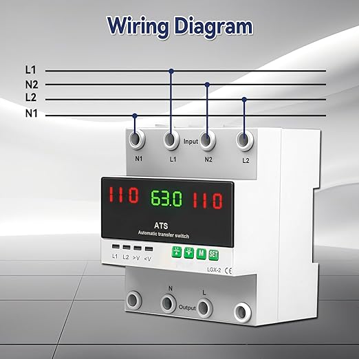 63A 110V Automatic/Manual Transfer Switch Dual Power Selector with LED Display for Home Generator and Backup Power L1 Priority Phase Selector Din Rail Mount 50/60Hz