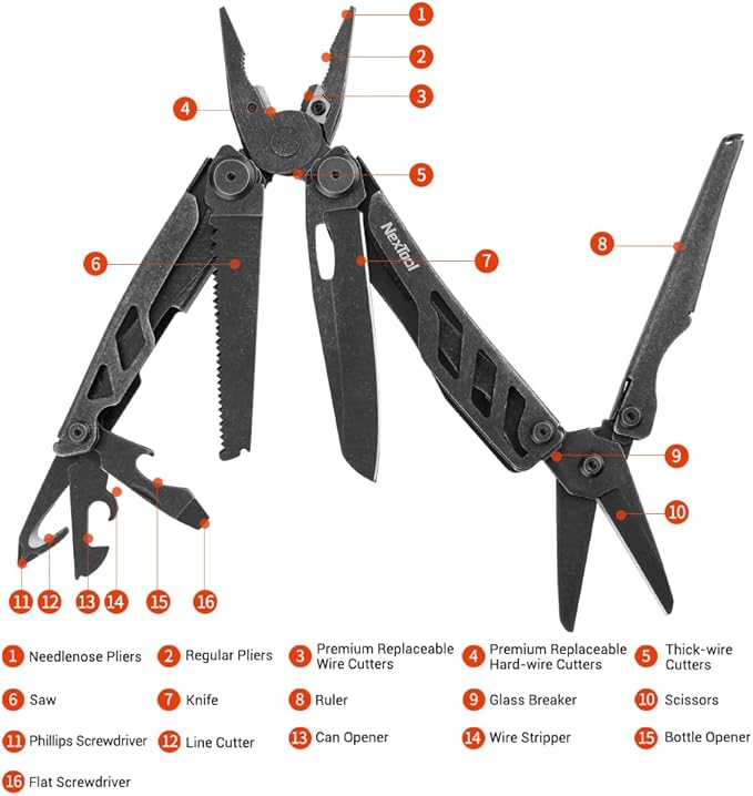 NexTool Heavy Duty Multitool Pliers with Pocket Scissors Replaceable Wire Cutters Nylon Sheath Folding Multitool Knife with Safety Lock for Camping Survival Home Repair DIY