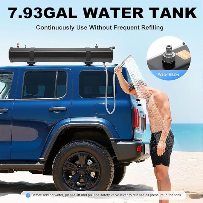 Pressurized Water Tank for Camping ShowerPortable Camping Showerhead Handheld with Storage Bag Roof Rack Shower for Hiking Car wash Pet Cleaning Beach Vacations30L/7.93Gal