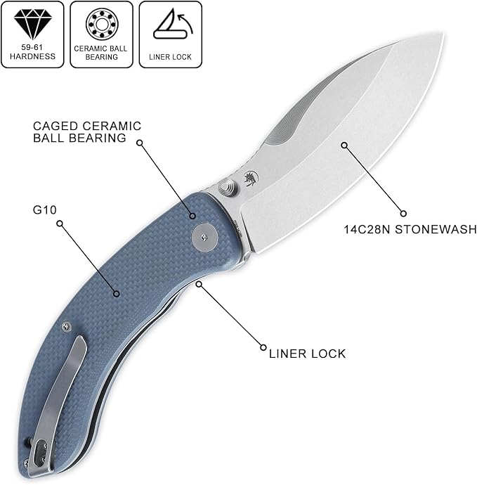 Petrified fish PFB06 Folding Knife3.74 14C28N Steel Stonewashed Blade G10 Handle Folding knife for EDC Camping Outdoor (Blue Stonewashed)
