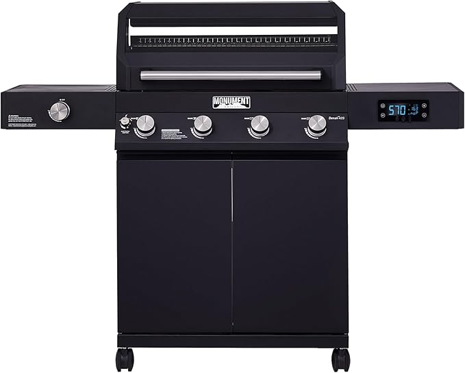 Monument Grills 4+1 Liquid Propane Gas Smart BBQ Grill 4 Burners &amp 1 Side Burner Denali 425 with Smart Technology and Knob Controls Black