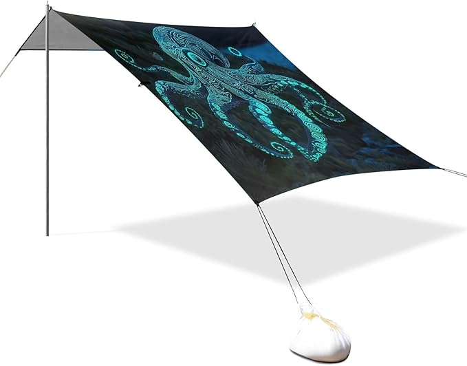 ALAZA Octopus Totem Tatto Beach Tent Sun Shelter UPF50+ Protection Beach Shade Canopy w/ 4 Sandbags for Outdoor Camping Fishing Backyard Fun Picnic 10x9 ft