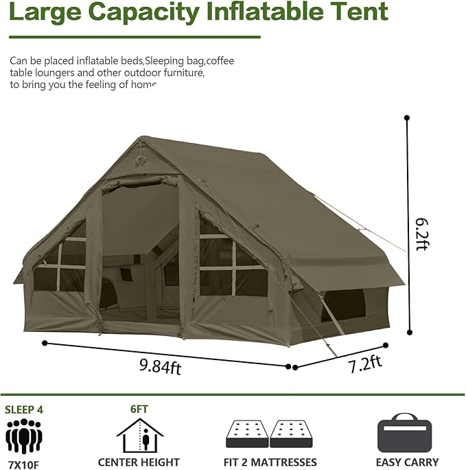Inflatable Camping Tent2/4/6/8 Person Glamping Inflatable Tents with Awning Quick Setup Blow Up Tents with Pump Waterproof Oxford Inflatable House for Camping Air Glamping Hot Tents for Adult