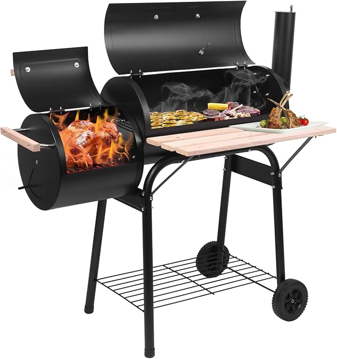 Large Charcoal Grill with Offset Smoker and Wood-Painted Side Table Outdoor Smoker Grill with 811 Sq. In. Cooking Area for Outdoor Patio Barbecue Camping Parties Event Black