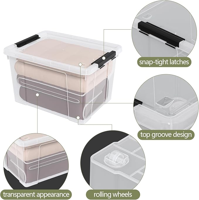 50 Quart Clear Latching Storage Box Bins 4 Packs Large Plastic Storage Boxes with Wheels