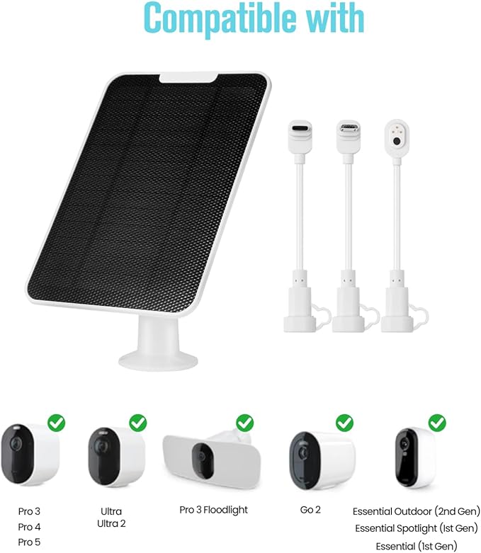 Solar Panel Charger Compatible with Essential Series Pro 6/6 XL/5S/4/3 Go 2 Ultra Series &amp Wireless Floodlights 6V 5W Solar Panel for Arlo Security Camera P65 Weatherproof 9.8ft Cable 2 Pac