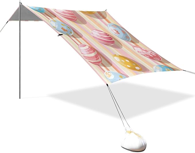 Easter Eggs Rainbow Stripes Beach Tent Sun Shelter Set UPF50+ UV Protection 10.5 x 9.19 FT Camping Shade Canopy with Sandbags Sand Anchors Carrying Bag and Others