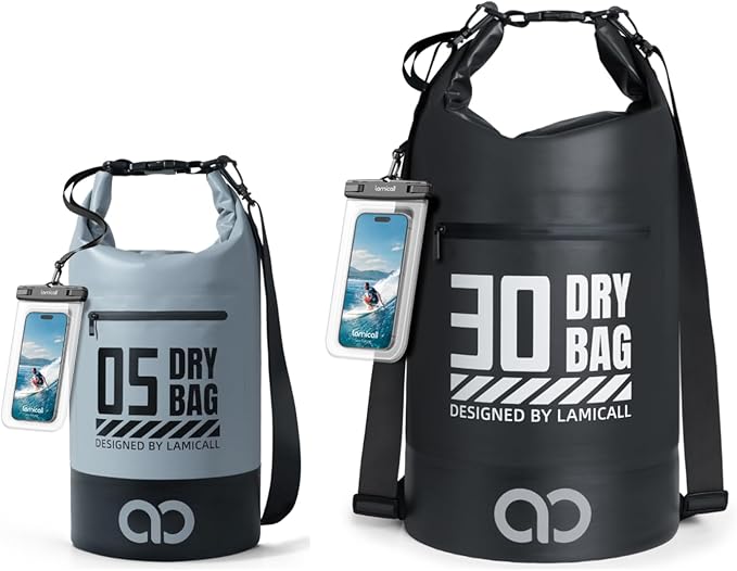Lamicall 5L &amp 30L Dry Bag Waterproof Backpack - [Zippered Pocket] Roll Top Waterproof Bag Blueish Gray &amp Black