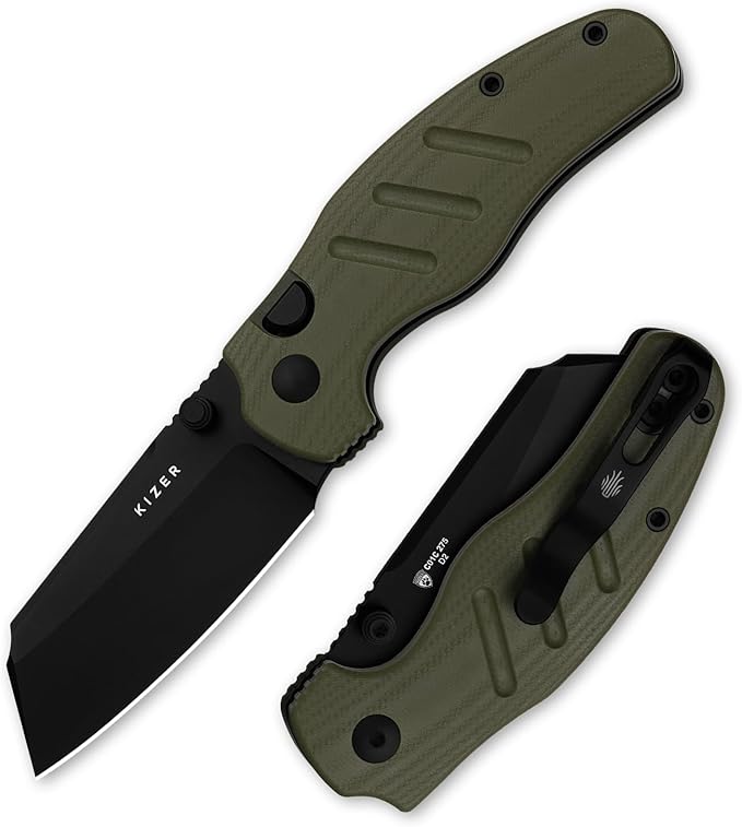 Kizer C01C 275 Sheepdog Pocket Knife 2.75 D2 Blade Folding Knife Button Liner Lock Thumb Stud Opener Green G10 Handle Small EDC Knives for Camping Survival V3488.27M3