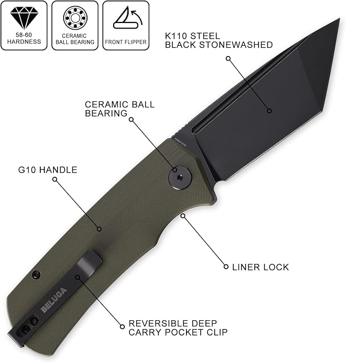 Petrified fish PFP01T Beluga3.58 K110 Stonewashed Blade 170g G10 Handle Front Flipper Liner lock Folding knife (Green G10 Black Stonewashed)