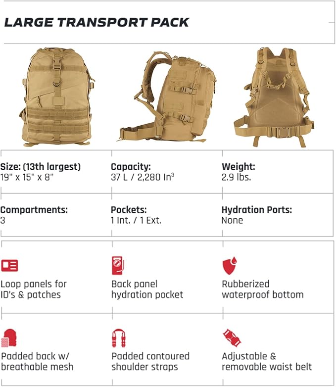 FOX OUTDOOR PRODUCTS Large Transport Pack | 37L Tactical Backpack with Compression Straps Hydration Pocket &amp Modular Webbing