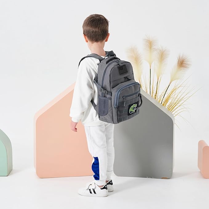 Kids Tactical Backpack Army Molle Bookbag Military Boys Backpack for School Outdoor Camping (Includes 2 Patches +1 Carabiner) Grey
