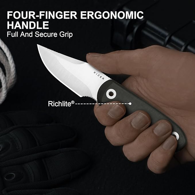Kizer Drop Bear Fixed Blade Knife 2.6 S45VN Satin Blade EDC Hunting Knife with Black Richlite® Handle &amp Built-in Tools Outdoor Small Camping Survival Knives with Adjustable Kydex Sheath 1092A3