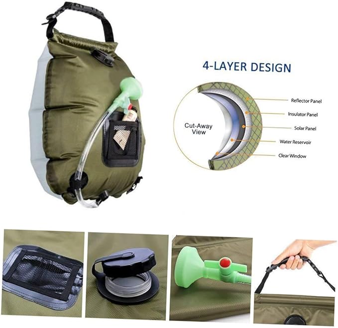 Mikinona Solar Camping Shower Bag Portable Outdoor Shower with Nozzle for Hiking Beach Travel and Outdoor Activities Olive Green Water Storage