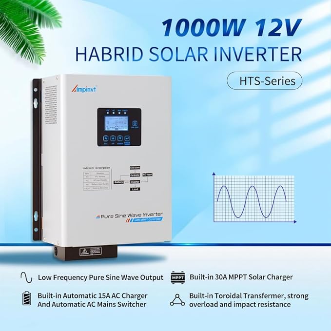 Ampinvt 1000W Low Frequency Pure sine Wave Solar Inverter 12V DC to 120V AC with 30A MPPT Solar Controller &amp 15A Battery AC Charger Compatible with Lifepo4 Battery for Home BackupOff-Grid Livin