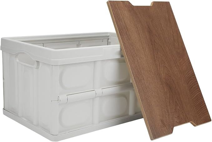 Alomejor 30L Storage Box Crate with Lid Folding Storage Box with Wooden Cover Panel for Home Outdoor(White)