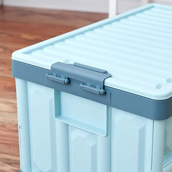 Blue Folding Plastic Stackable Utility Crates 2-Pack Collapsible Storage Bins with Lids 30L Durable Containers for Home &amp Garage Organization