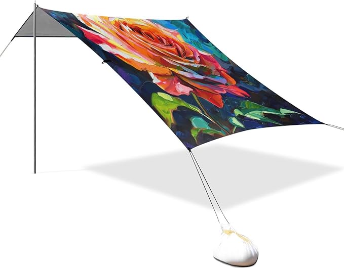 ALAZA Rainbow Rose Flower Painting Beach Tent Sun Shelter UPF50+ Protection Beach Shade Canopy w/ 4 Sandbags for Outdoor Camping Fishing Backyard Fun Picnic 10x9 ft