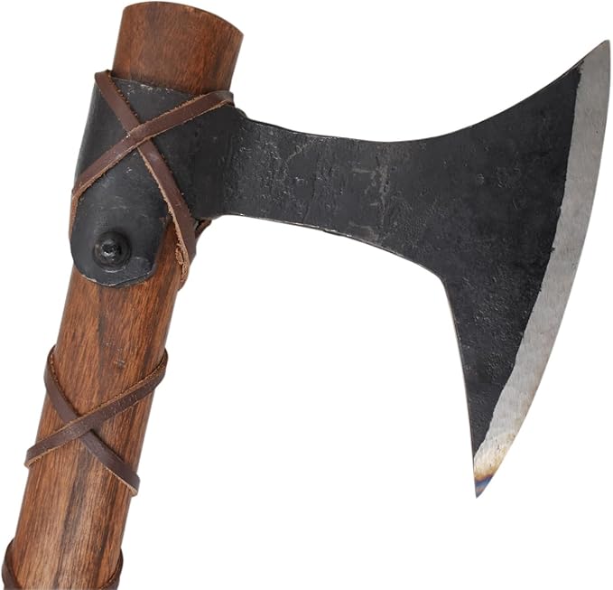 Medieval Warrior Traditional Viking Hand-Axe — Hand-Forged Style Bearded Blade with Leather Cross-Strap Grip