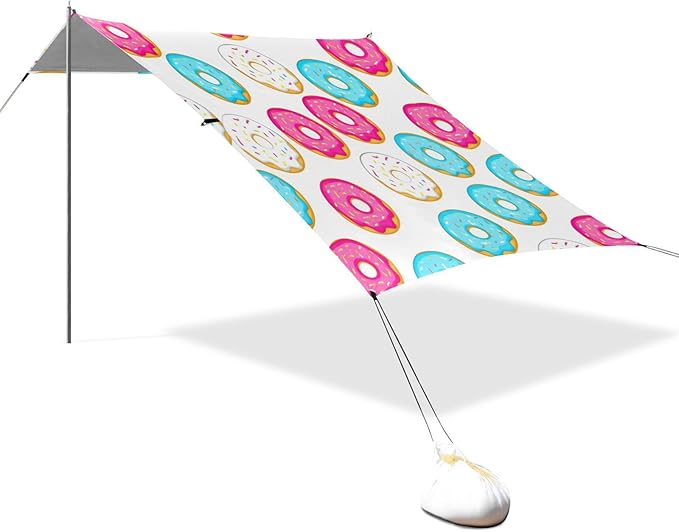 Beach Canopy with Windproof Ropes &amp Sandbags Beach Tent Sun Shade Sun Shelter for Camping Trips Fishing Backyard Fun or Picnics Donuts