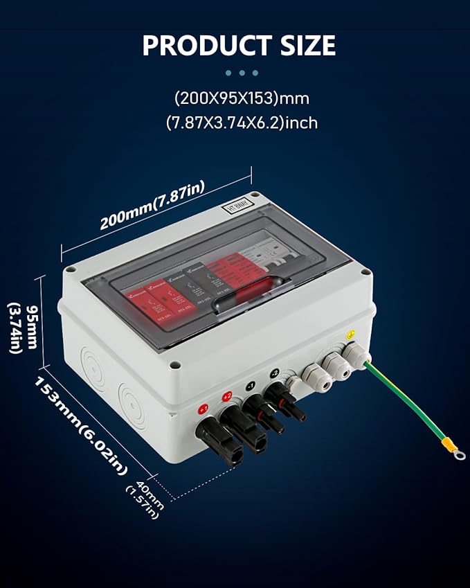 VOU 600V Solar DC PV Combiner Box2 String with Lightning Arrester Connector for On/Off Grid Solar Panel System2 Input 1 Out 15A Rated Current Fuse63A Circuit BreakerIP65 WaterproofMCBSPD
