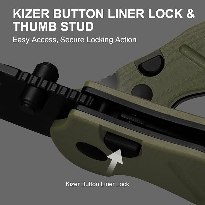 Kizer C01C 275 Sheepdog Pocket Knife 2.75 D2 Blade Folding Knife Button Liner Lock Thumb Stud Opener Green G10 Handle Small EDC Knives for Camping Survival V3488.27M3