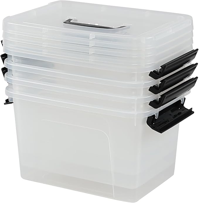 6 Quart Clear Organizer Bin with Lid Set of 4 Plastic Latching Storage Box