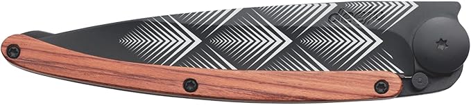 deejo - 27G Folding Pocket Knife with Belt Clip - Art Déco Design 2.95-Inch Stainless Steel Blade Black Titanium Finish Coral Wood Handle - Lightweight EDC for Home Work and Outdoor Use