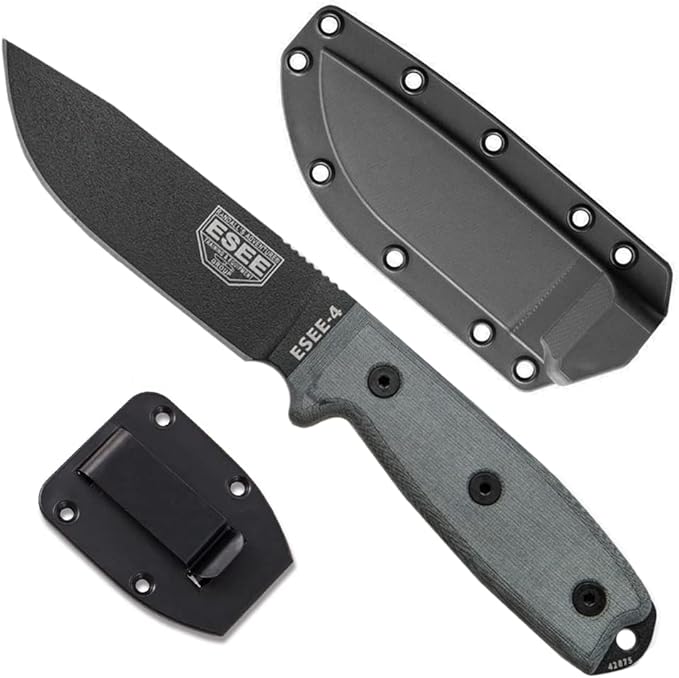 ESEE 4P Survival Knife - Field Tested Fixed Blade Knife with Molded Polymer Sheath &amp Clip Plate Full Tang Plain Edge - Durable Outdoor Camping Blade with Sheath for Survival