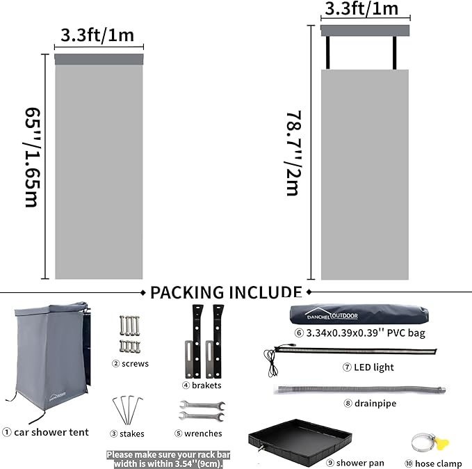 DANCHEL OUTDOOR Car Awning Shower Tent Room with Portable Shower Pan Camping Privacy Shelter Enclosure Overland Portable Changing Room w/LED Light 3.3ft x 3.3ft Gray