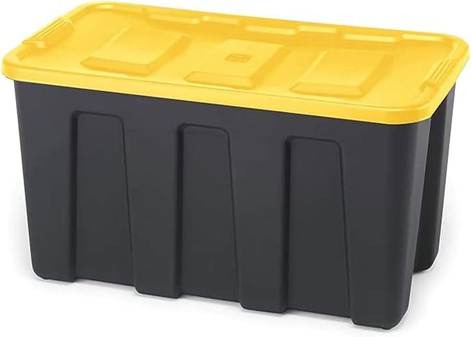 HOMZ 4-Pack Durabilt Tote Heavy Duty Plastic Storage Bins with Lids 34 Gallon Black/Yellow - Stackable Organizing Containers for Home Garage and Office