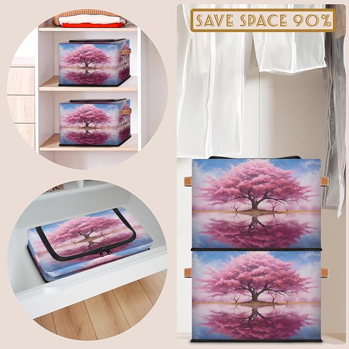 KOBLEN Pink Peach Tree Pattern Storage Basket Collapsible Rectangular Storage Bins with Zipper Lid Handle Closet Shelf Cloth Organizer Basket for Nursery Bedroom Clothes Toy