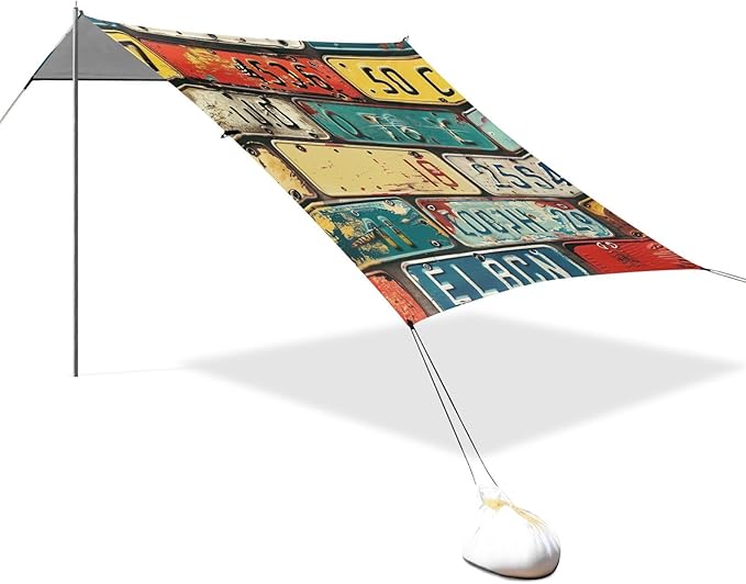 ALAZA Retro Auto License Plates Beach Tent Sun Shelter Portable Canopy Sunshade for Outdoor Camping Picnics Backyard Fun 10x9 ft